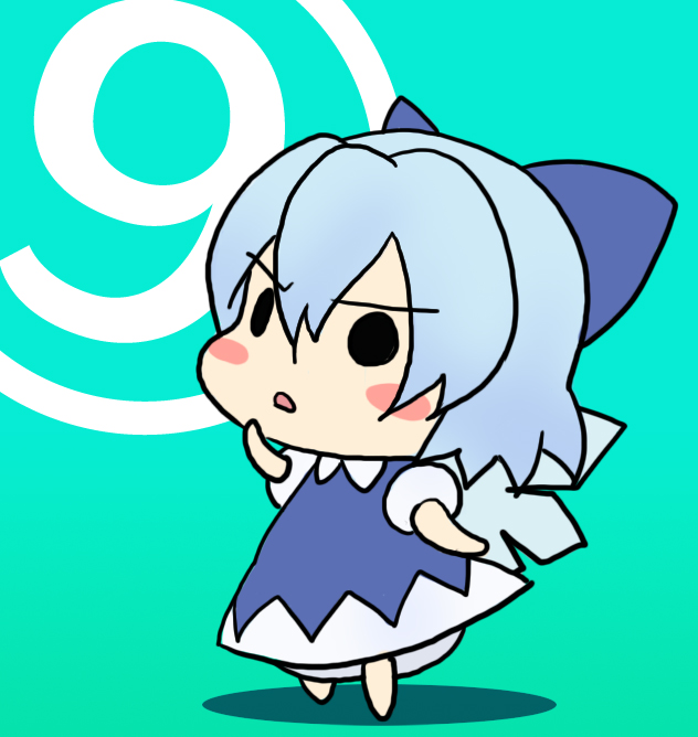 gusan, cirno, phantasmagoria of flower view, touhou, bad id, bad pixiv id, 1girl, blue hair, bow, chibi, circled 9, dress, female focus, flat color, full body, gradient background, short hair, solo, wings