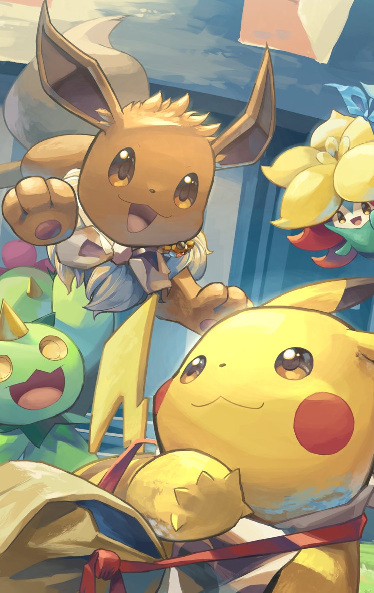 yamaori (hakkentai pokedan), eevee, gossifleur, maractus, pikachu, nintendo, pokemon, pokemon mystery dungeon, bag, brown eyes, brown fur, day, gen 1 pokemon, gen 5 pokemon, gen 8 pokemon, looking at another, no humans, open mouth, outdoors, pokemon (creature), shoulder bag, yellow fur