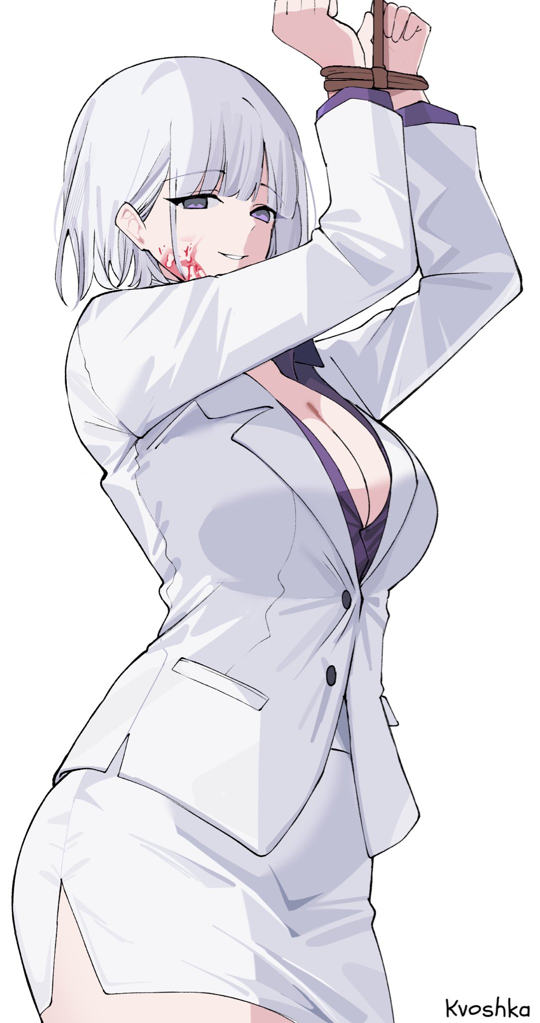 natta, rpk-16 (girls' frontline), rpk-16 (renate) (girls' frontline), girls' frontline, commentary, english commentary, highres, 1girl, arms up, artist name, blood on cheek, bound, bound wrists, breasts, cleavage, large breasts, looking at viewer, official alternate costume, pencil skirt, purple eyes, purple shirt, shirt, short hair, simple background, skirt, smile, solo, white background, white hair, white mouth, white shirt, white skirt