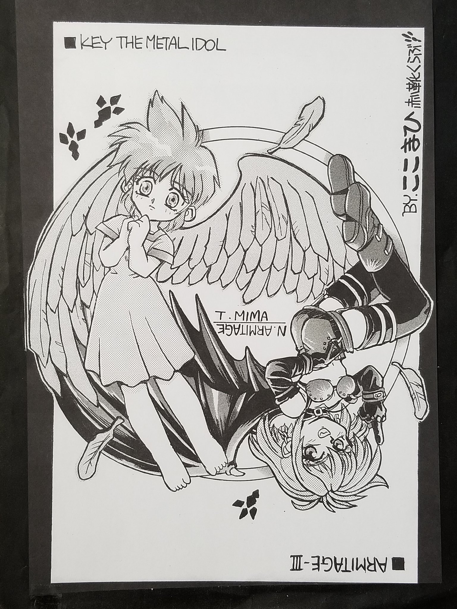 kokomahi, mima tokiko, naomi armitage, armitage iii, key the metal idol, commentary, highres, traditional media, 2girls, angel, angel and devil, angel wings, artist name, ass, barefoot, belt buckle, belt collar, boots, bra, breasts, buckle, chain, chain earrings, character name, circle name, closed mouth, collar, copyright name, crossover, demon girl, demon wings, dress, elbow gloves, feathered wings, feathers, gloves, greyscale, grin, hand up, hands up, medium hair, middle finger, midriff, monochrome, multiple girls, own hands together, short hair, short shorts, shorts, smile, thighhighs, underwear, wings