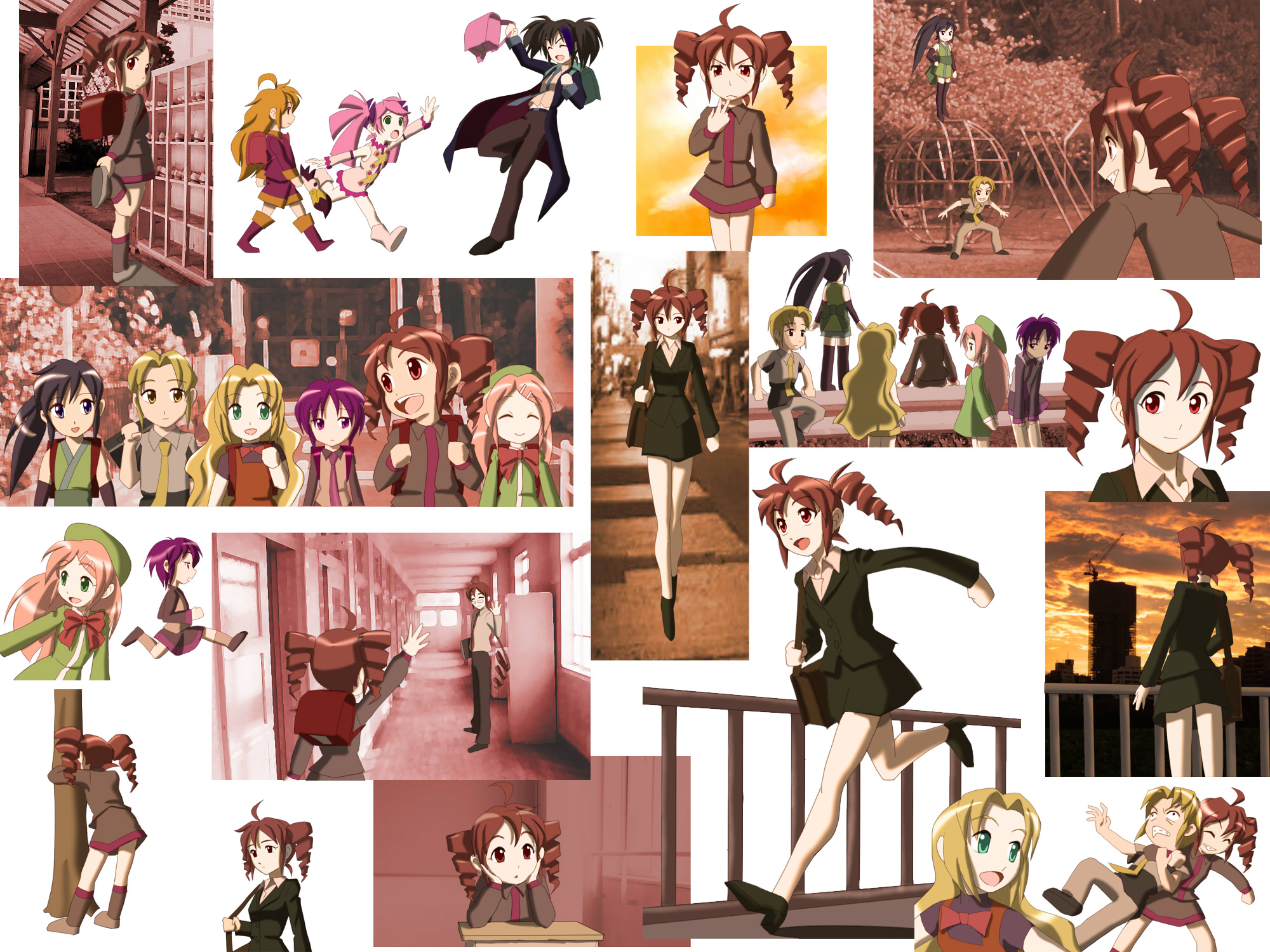 amane luna, fuuga koto, haruka nana, kagamine len, kasane ted, kasane teto, kasane teto (utau), megurine luka, momone momo, nagone mako, suiga sora, utane uta, yokune ruko, utau, vocaloid, highres, 2boys, 6+girls, bad anatomy, black hair, blonde hair, collage, drill hair, luna amane, multiple boys, multiple girls, necktie, poorly drawn, red hair, short hair, suica sora, twintails
