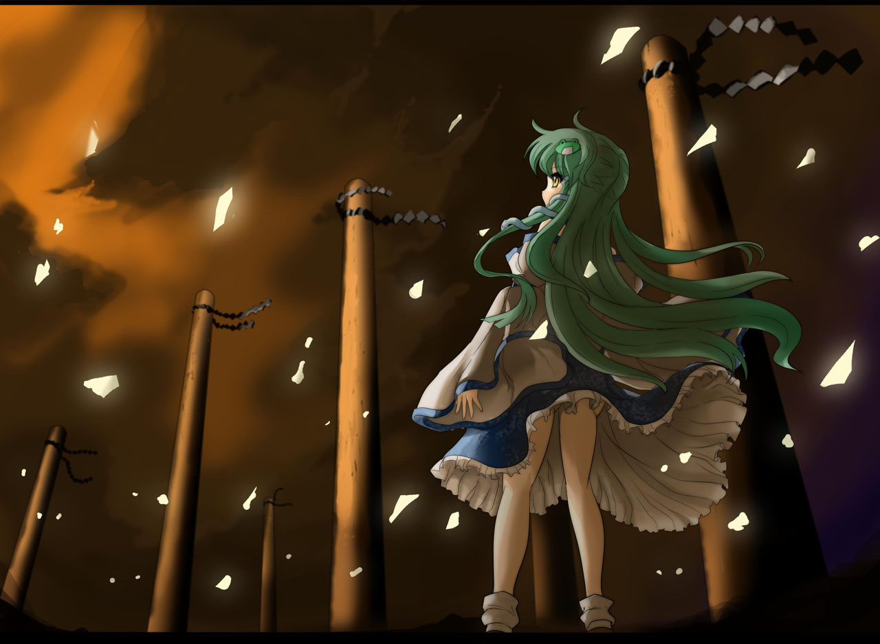 north abyssor, kochiya sanae, touhou, 1girl, detached sleeves, female focus, frog, frog hair ornament, from behind, from below, green hair, hair ornament, letterboxed, long hair, looking up, onbashira, shide, skirt, snake, snake hair ornament, socks, solo, standing, sunset, yellow eyes