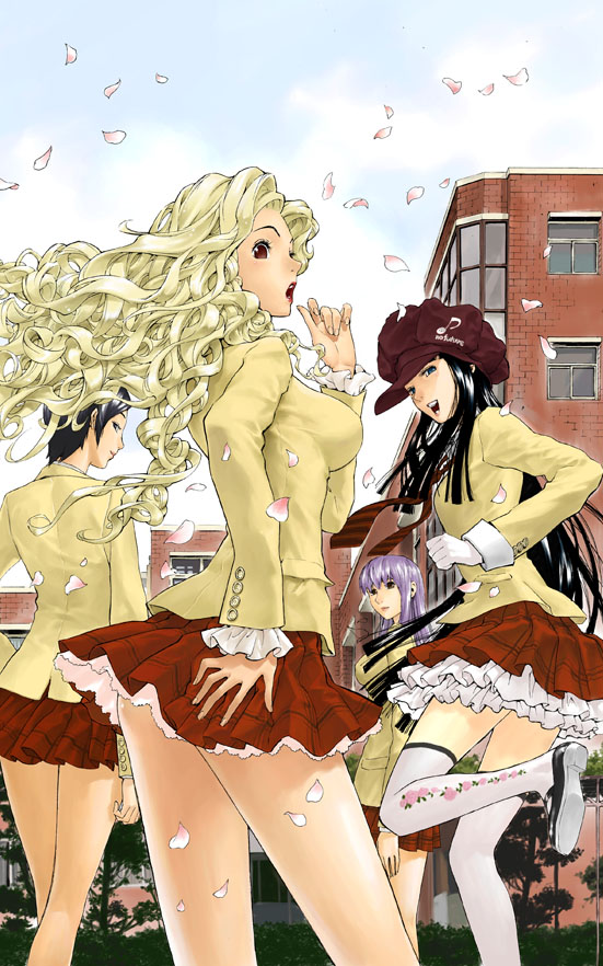 kim dong-hoon, makihara madoka, vera linus, yu shinra, veritas, 4girls, black hair, blonde hair, leg lift, lipstick, long hair, looking back, makeup, multiple girls, musical note, open mouth, petals, purple hair, school uniform, short hair, skirt, thighhighs, wavy hair, white thighhighs, wind, wind lift, zettai ryouiki
