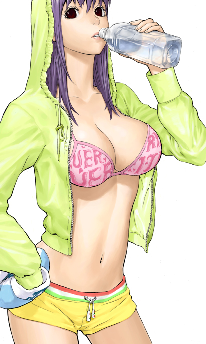 kim dong-hoon, makihara madoka, veritas, 1girl, bikini, bikini shorts, bikini top only, bottle, boxing gloves, female focus, hood, hooded jacket, jacket, pink bikini, purple hair, shorts, solo, swimsuit, water bottle