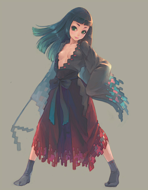 weno, original, 1girl, black hair, blunt bangs, breasts, cleavage, female focus, green eyes, hime cut, open clothes, open shirt, shirt, simple background, socks, solo, tabi
