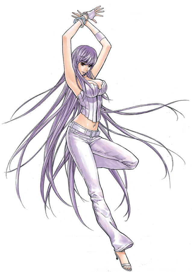 kim dong-hoon, makihara madoka, veritas, 1girl, armpits, arms up, belt, bracelet, breasts, cleavage, corset, female focus, full body, high heels, jewelry, long hair, midriff, purple hair, shoes, simple background, solo, very long hair