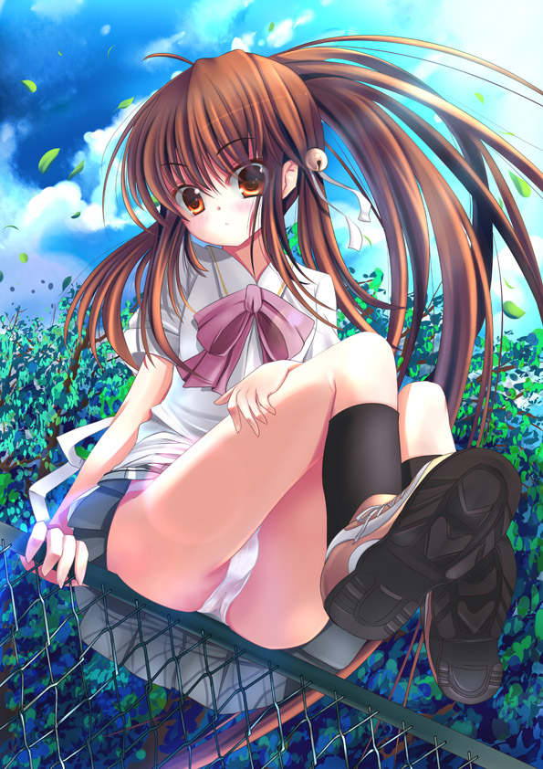 xephonia, natsume rin, little busters!, 1girl, ass, bow, chain-link fence, female focus, fence, from below, hair ornament, legs, long hair, panties, pink bow, ponytail, school uniform, skirt, solo, underwear, upskirt, very long hair