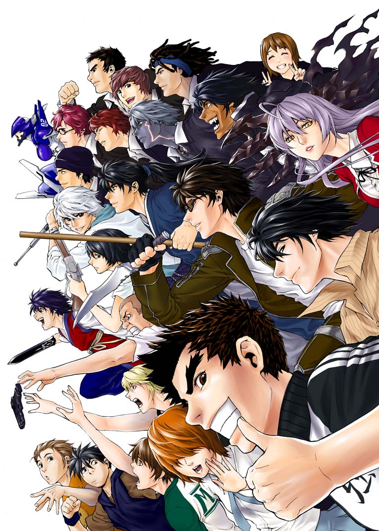 gangryong ma, gehenna, aflame inferno, veritas, 5girls, 6+boys, black hair, blonde hair, blue hair, brown hair, crossover, everyone, grin, group picture, group profile, gun, hair over eyes, headband, knife, lineup, multiple boys, multiple girls, orange hair, outstretched arm, outstretched hand, pink hair, profile, purple hair, reaching, red hair, smile, sunglasses, sword, thumbs up, v, waving, weapon, white hair