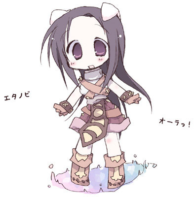 kuzuhara rina, novice (ragnarok online), tamura hiyori, lucky star, ragnarok online, commentary request, lowres, 1girl, animal ears, black hair, blush, boots, brown boots, brown gloves, brown shorts, cat ears, chest guard, cosplay, droopy ears, full body, gloves, grey shirt, long hair, looking at viewer, novice (ragnarok online) (cosplay), oekaki, open mouth, purple eyes, shirt, shorts, sleeveless, sleeveless shirt, smile, solo