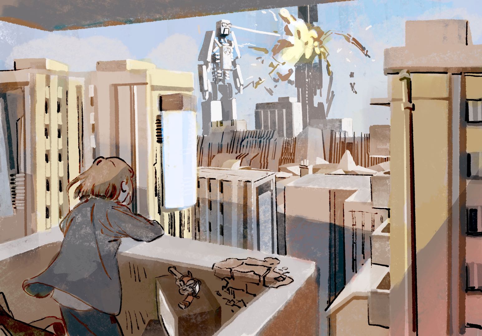 ephe99261012, gordon freeman, garry's mod, half-life, half-life (series), half-life 2, hashtag-only commentary, 1girl, against railing, arm rest, beard, blue sky, brown hair, building, cityscape, cosplay, crt, debris, denim, explosion, eye beam, facial hair, floating clothes, floating hair, from behind, glasses, gordon freeman (cosplay), gun, handgun, jacket, jeans, leaning forward, looking afar, mecha, outdoors, painterly, pants, railing, revolver, robot, sketch, sky, skyscraper, television, weapon, wide shot, wind