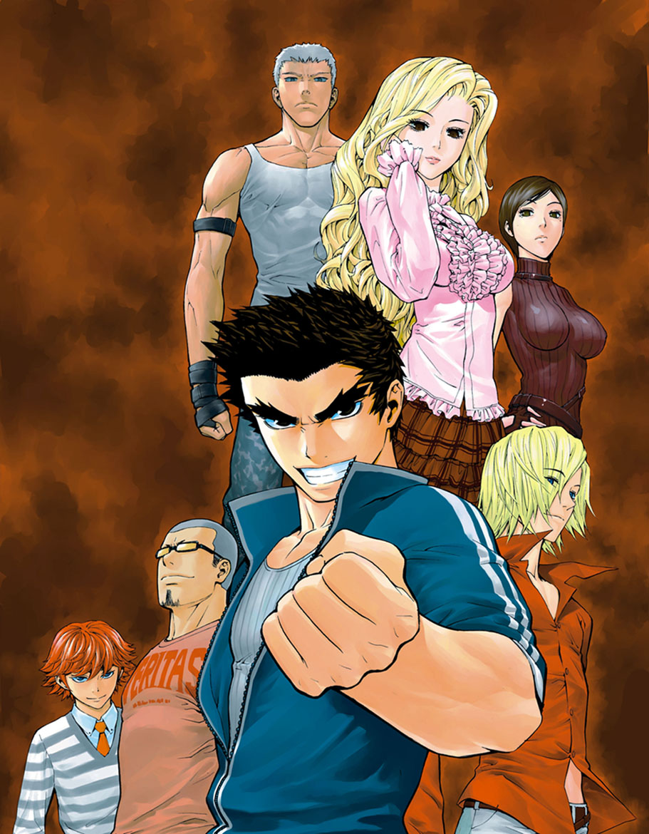 kim dong-hoon, veritas, 2girls, 5boys, adjusting hair, armband, belt, black hair, blonde hair, blue eyes, breasts, clenched hand, facial hair, fingerless gloves, frills, glasses, gloves, goatee, grey eyes, impossible clothes, impossible shirt, long hair, multiple boys, multiple girls, muscular, necktie, purple hair, red eyes, red hair, shirt, smile, turtleneck, white hair, zipper
