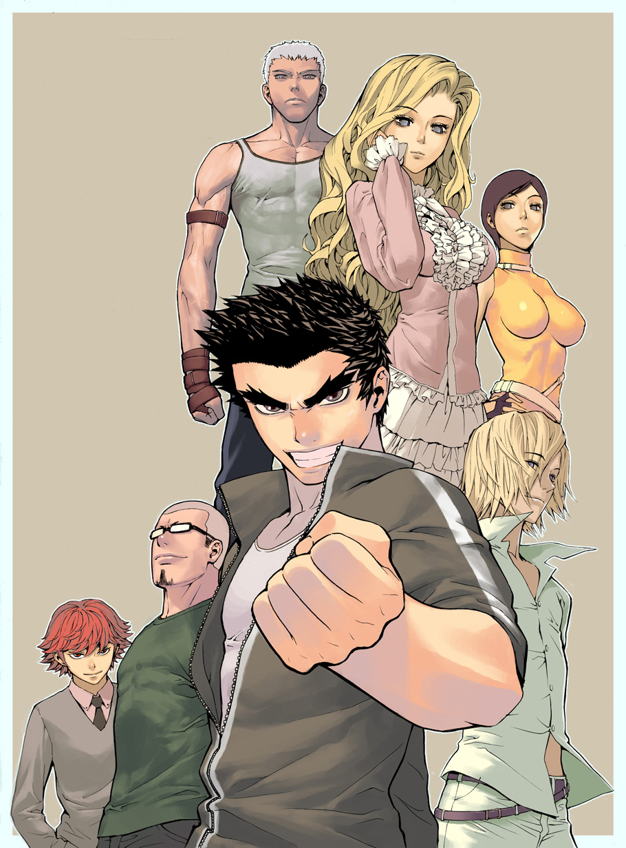 kim dong-hoon, veritas, highres, 2girls, 5boys, adjusting hair, armband, belt, black hair, blonde hair, blue eyes, breasts, clenched hand, facial hair, fingerless gloves, frills, glasses, gloves, goatee, grey eyes, impossible clothes, impossible shirt, long hair, multiple boys, multiple girls, muscular, necktie, purple hair, red eyes, red hair, shirt, smile, turtleneck, white hair, zipper