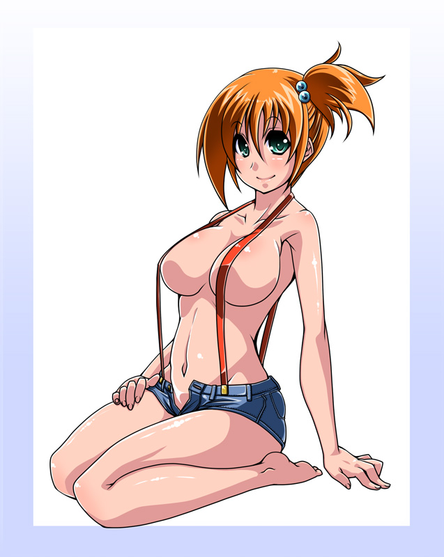 satsuki imonet, misty (pokemon), nintendo, pokemon, pokemon: the electric tale of pikachu, 1girl, arm support, armpits, barefoot, breasts, censored, convenient censoring, curvy, denim, denim shorts, feet, female focus, full body, green eyes, hair bobbles, hair ornament, happy, large breasts, naked suspenders, navel, no bra, no panties, open clothes, open fly, open shorts, orange hair, ponytail, revealing clothes, seiza, shoes, shorts, side ponytail, simple background, sitting, smile, solo, suspenders, toes, topless female, unbuttoned, unzipped, white background