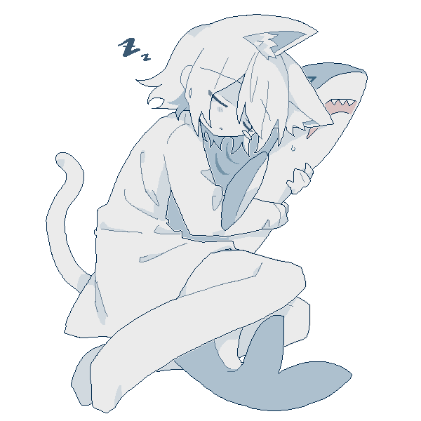 suzua (sofw0), original, 1girl, animal ear fluff, animal ears, blush stickers, cat ears, cat girl, cat tail, closed eyes, colored skin, dress, full body, holding, holding stuffed toy, jaggy lines, lying, on side, short hair, simple background, single blush sticker, sleeping, solo, stuffed animal, stuffed shark, stuffed toy, tail, white background, white dress, white hair, white skin, zzz