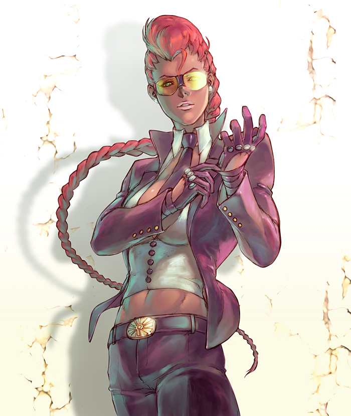 wakky, crimson viper, capcom, street fighter, 1girl, belt, blouse, braid, breasts, dark-skinned female, dark skin, earrings, female focus, gloves, green eyes, jacket, jewelry, lips, long hair, long sleeves, midriff, necktie, pants, pompadour, ponytail, shirt, single braid, solo, sunglasses, very long hair