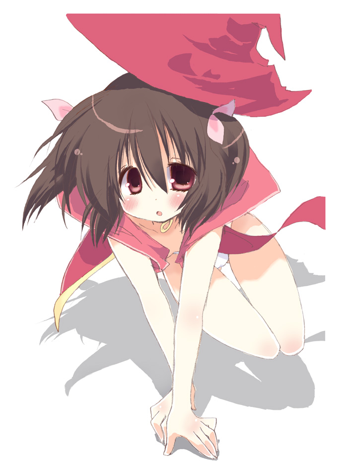 kuzuhara rina, monk (ragnarok online), yuzuhara konomi, ragnarok online, to heart (series), to heart 2, commentary request, 1girl, all fours, blush, breasts, brown hair, cosplay, full body, hair between eyes, hat, leaning forward, looking at viewer, medium hair, monk (ragnarok online) (cosplay), no pants, open mouth, panties, red eyes, red hat, shadow, simple background, small breasts, solo, two side up, underwear, white background, white panties, witch hat