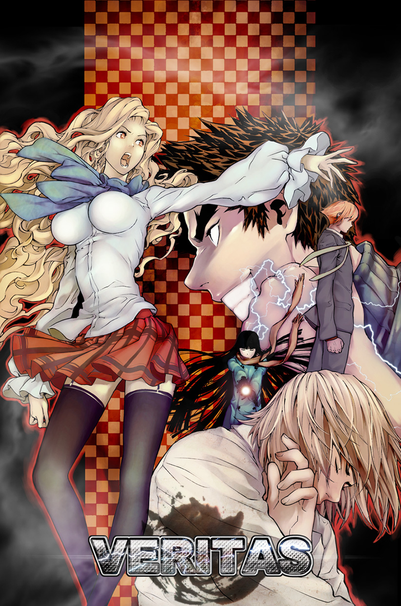 vera linus, veritas, highres, 2girls, 3boys, black hair, black thighhighs, blonde hair, breasts, brown hair, checkered background, grin, impossible clothes, impossible shirt, large breasts, lightning, long hair, magic, multiple boys, multiple girls, open mouth, orange eyes, orange hair, outstretched arm, outstretched hand, reaching, scarf, school uniform, shirt, skirt, smile, thighhighs, zettai ryouiki