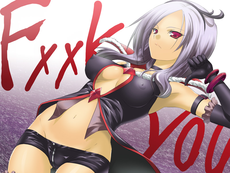 hiroyoshi, eas (fresh precure!), higashi setsuna, fresh precure!, precure, black neckwear, silver hair, 00s, 1girl, armpits, black shorts, bracelet, breasts, censored, censored text, choker, cleavage, covered erect nipples, elbow gloves, english text, female focus, gloves, hairband, high heels, jewelry, lowleg, lowleg shorts, medium breasts, navel, profanity, red eyes, shiny clothes, shiny skin, shoes, short shorts, shorts, solo, taut clothes, thumbs down