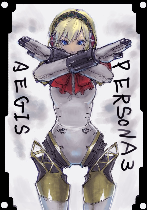 tetsu (kimuchi), aigis (persona), atlus, persona, persona 3, 1girl, android, blonde hair, blue eyes, crossed arms, female focus, hairband, ribbon, short hair, solo