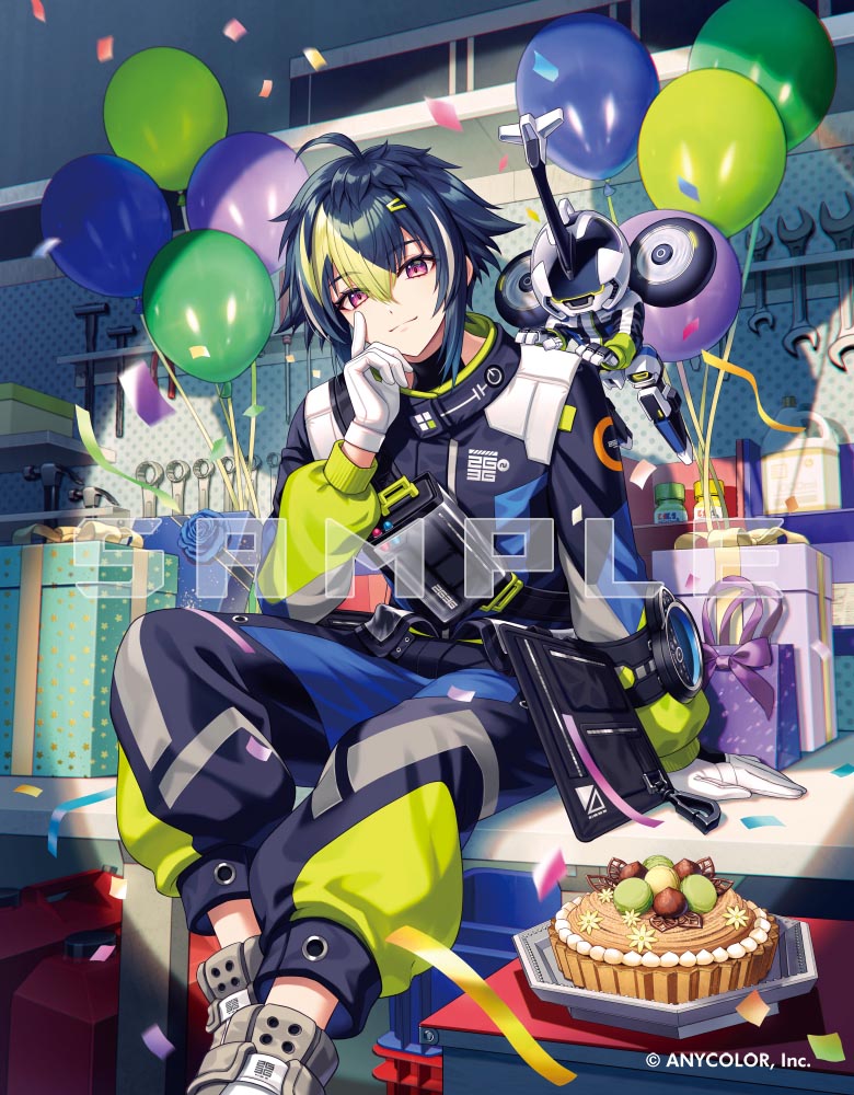 michi (iawei), inami rai, inami rai (1st costume), nijisanji, commentary request, official art, 1boy, balloon, black hair, black jacket, black pants, blue pants, box, closed mouth, company name, confetti, copyright notice, dessert, flower, food, gift, gift box, gloves, green hair, green pants, grey shoes, hair between eyes, hazelnut, jacket, macaron, male focus, multicolored hair, multicolored pants, otomo (inami rai), pants, pink eyes, puffy pants, sample watermark, shoes, sitting, solo, streaked hair, virtual youtuber, watermark, white flower, white gloves, white hair, wrench