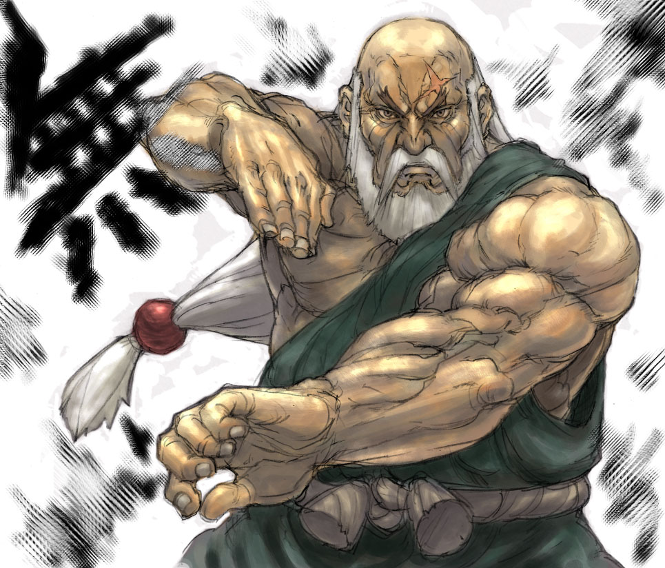 tetsu (kimuchi), gouken, capcom, street fighter, 1boy, beard, facial hair, fighting stance, male focus, muscular, scar, solo