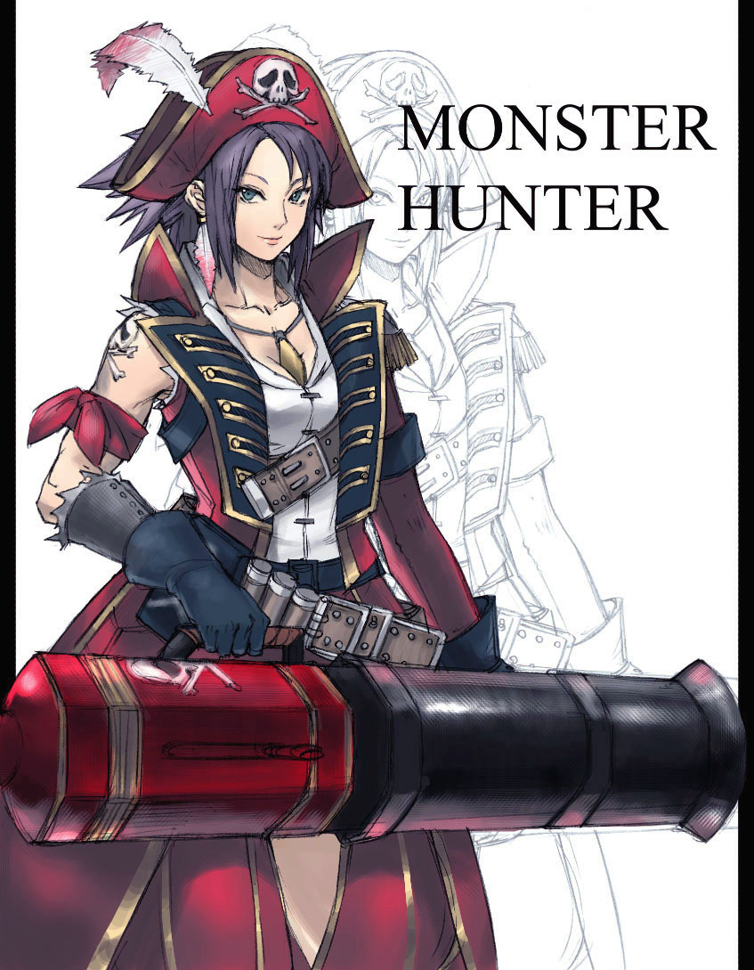 tetsu (kimuchi), capcom, monster hunter (series), 1girl, belt, black hair, blue eyes, breasts, cannon, cleavage, coat, earrings, female focus, gloves, gunbelt, hat, jewelry, necklace, pirate, skull and crossbones, solo, tattoo