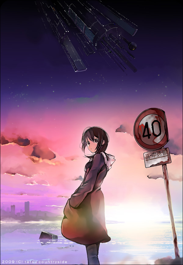 machimura komori, original, light, 1girl, brown eyes, brown hair, cloud, coat, female focus, looking back, road sign, sign, sky, solo, space, spacecraft, speed limit sign, star (sky), star (symbol), starry sky, water