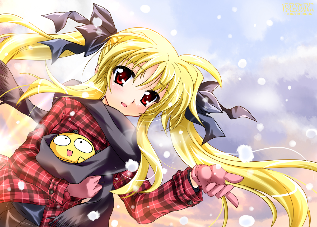 kanna (plum), fate testarossa, lyrical nanoha, mahou shoujo lyrical nanoha, 00s, blonde hair, coat, gloves, long hair, red eyes, ribbon, scarf, snow, twintails, very long hair