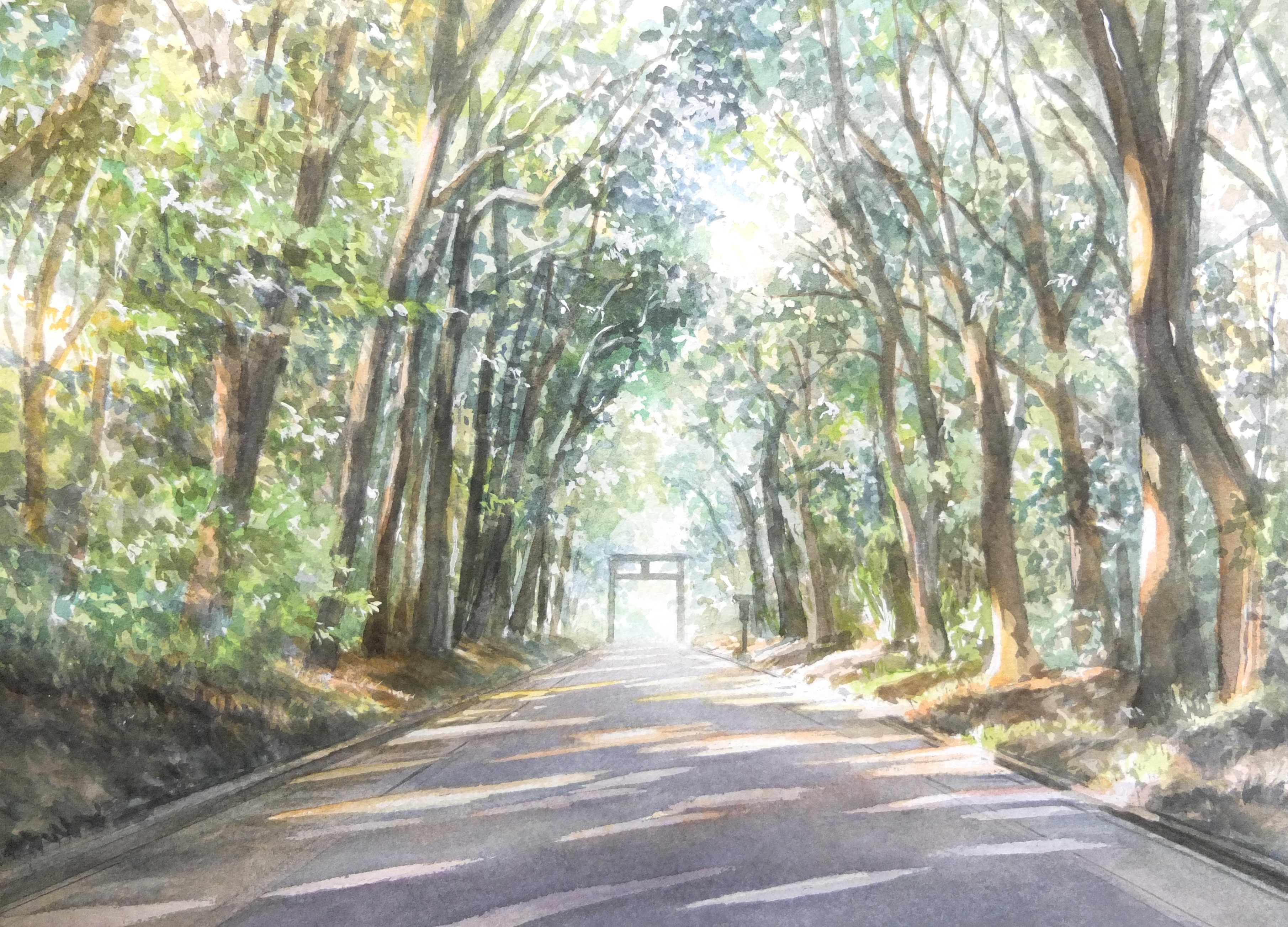 kazuyuki hashimoto, original, absurdres, commentary request, highres, painting (medium), traditional media, watercolor (medium), dappled sunlight, hokora (shrine), landscape, no humans, plant, sunlight, torii, tree