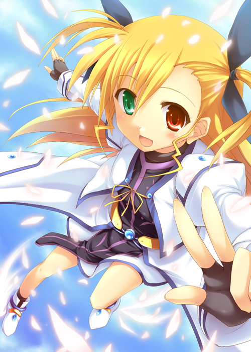 kusakami akira, vivio, lyrical nanoha, mahou shoujo lyrical nanoha, mahou shoujo lyrical nanoha strikers, 00s, blonde hair, fingerless gloves, gloves, hair ribbon, heterochromia, long hair, ribbon, solo, twintails, two side up