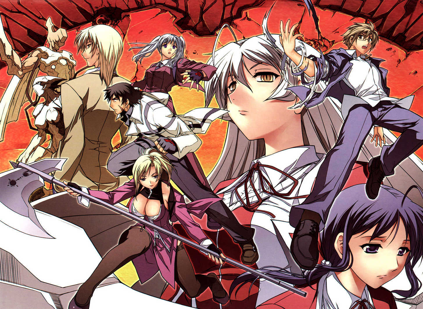 kim kwang hyun, gehenna, kang shichan, shin chaehee, aflame inferno, black legwear, 4girls, axe, black hair, blonde hair, blue hair, breasts, brown hair, cleavage, everyone, large breasts, medium breasts, multiple girls, polearm, thighhighs, twintails, weapon, white hair