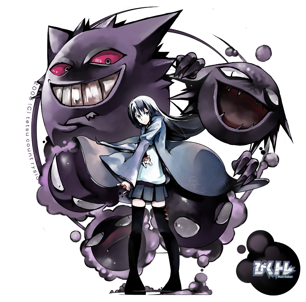 machimura komori, gastly, gengar, haunter, nintendo, pixiv trainer, pokemon, 1girl, blue hair, boots, evolutionary line, gen 1 pokemon, ghost, poke ball, pokemon (creature), skirt, thigh boots, thighhighs, zettai ryouiki