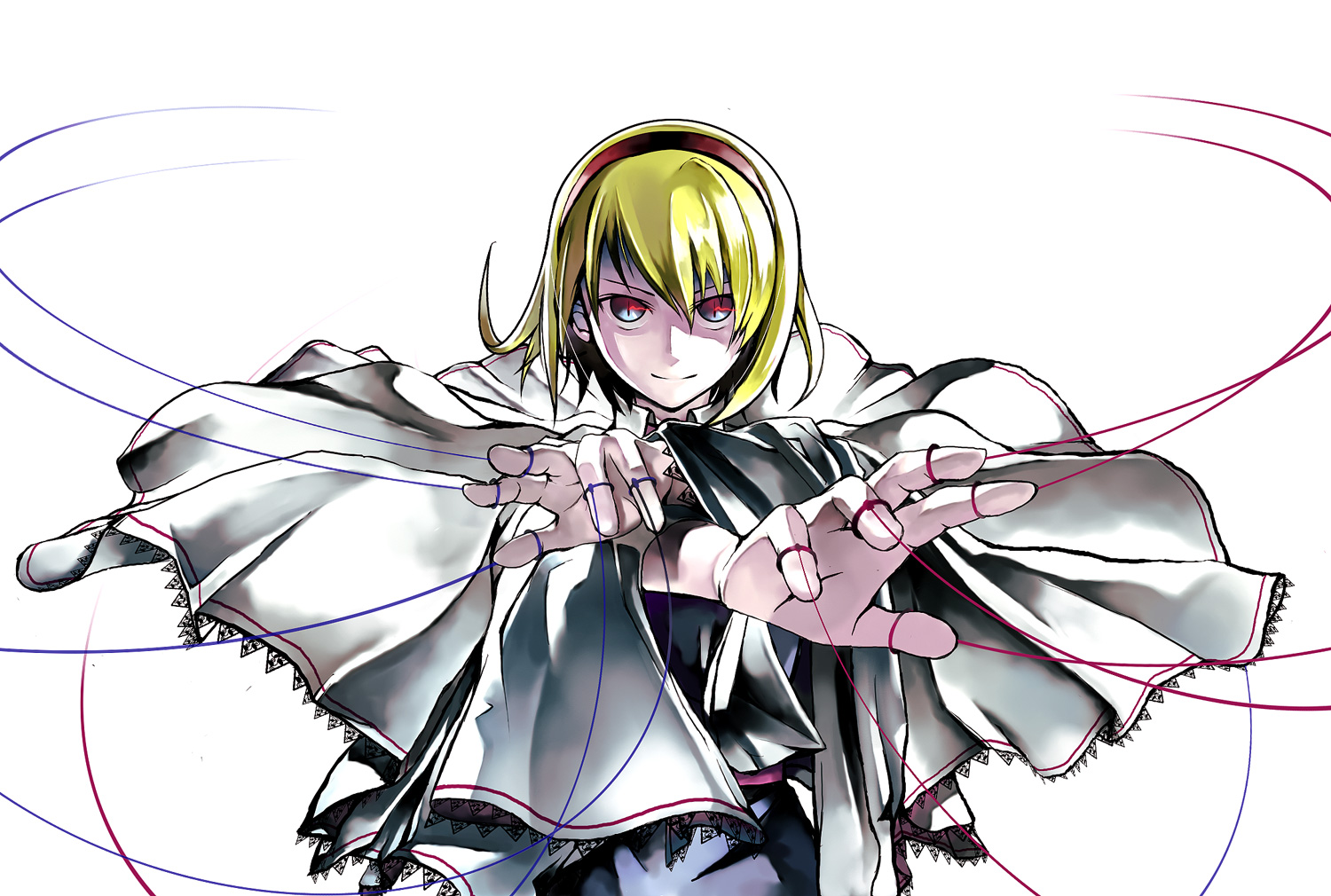 machimura komori, alice margatroid, touhou, bad id, bad pixiv id, 1girl, blonde hair, female focus, foreshortening, glowing, glowing eyes, hairband, slit pupils, solo, string