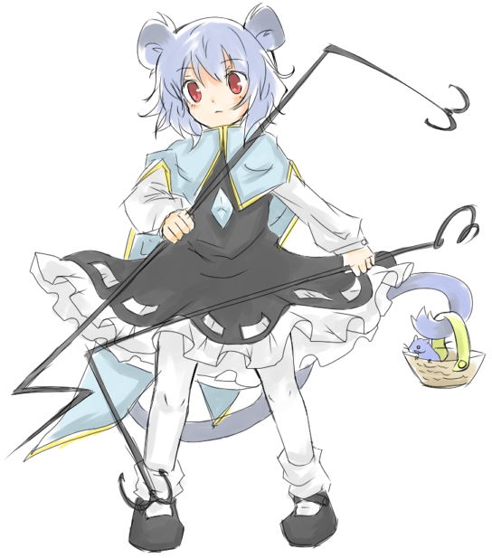 tora (aosima), nazrin, touhou, bad id, bad pixiv id, 1girl, animal ears, basket, blue hair, female focus, full body, mouse (animal), pantyhose, simple background, solo, standing, white background, white pantyhose