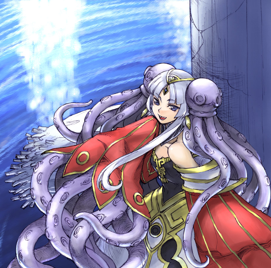 tetsu (kimuchi), endaness, culdcept, 1girl, bare shoulders, blue eyes, dress, female focus, long hair, sharp teeth, smile, solo, teeth, tentacles, water