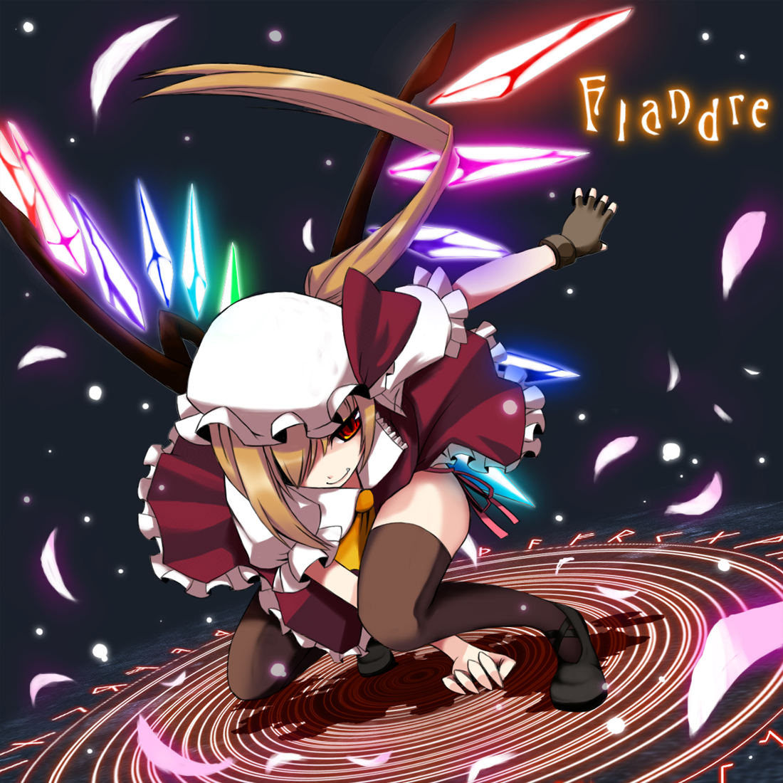 oyaji-sou, flandre scarlet, touhou, bad id, bad pixiv id, 1girl, arm support, black background, black thighhighs, blonde hair, character name, fang, female focus, fingerless gloves, full body, gloves, glowing, hair over one eye, long hair, magic circle, petals, runes, side ponytail, smirk, solo, squatting, thighhighs, wings