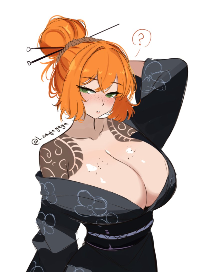 ishmael (project moon), kurokumo clan (identity) (project moon), limbus company, project moon, 1girl, ?, breasts, collarbone, e.g.o (project moon), green eyes, large breasts, lsayayaya, official alternate costume, official alternate hairstyle, orange hair, simple background, solo, speech bubble, upper body, white background
