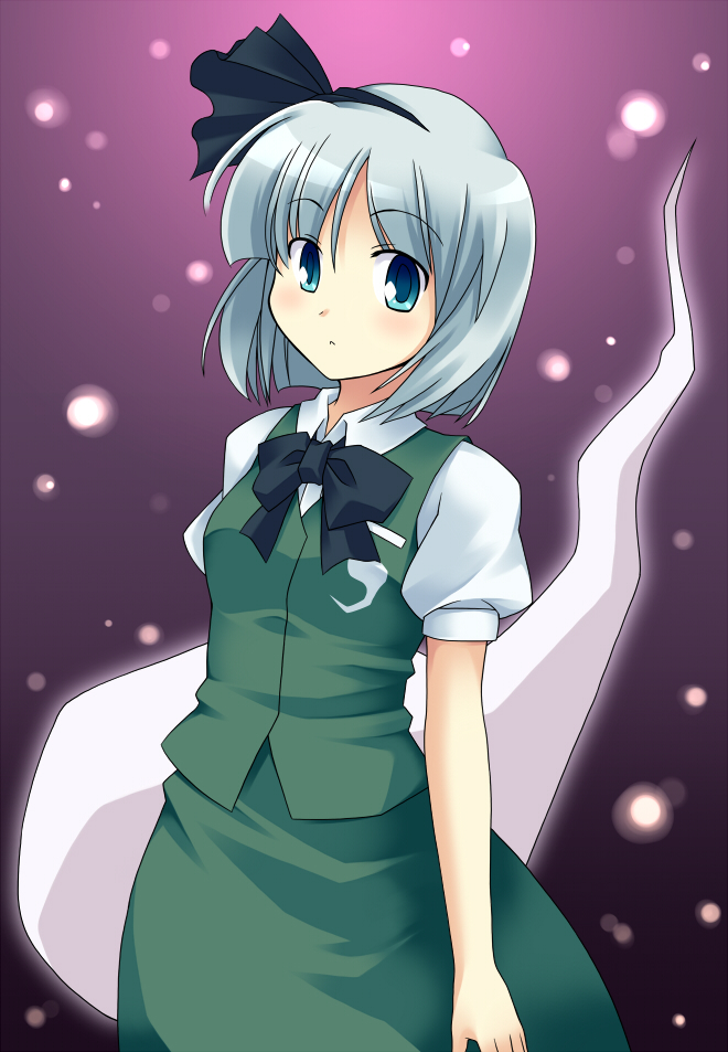 kiaki, pure (artist), pure (kawamoto nami), konpaku youmu, konpaku youmu (ghost), touhou, silver hair, 1girl, aqua eyes, blue eyes, bow, bowtie, female focus, hairband, hitodama, looking at viewer, short hair, solo