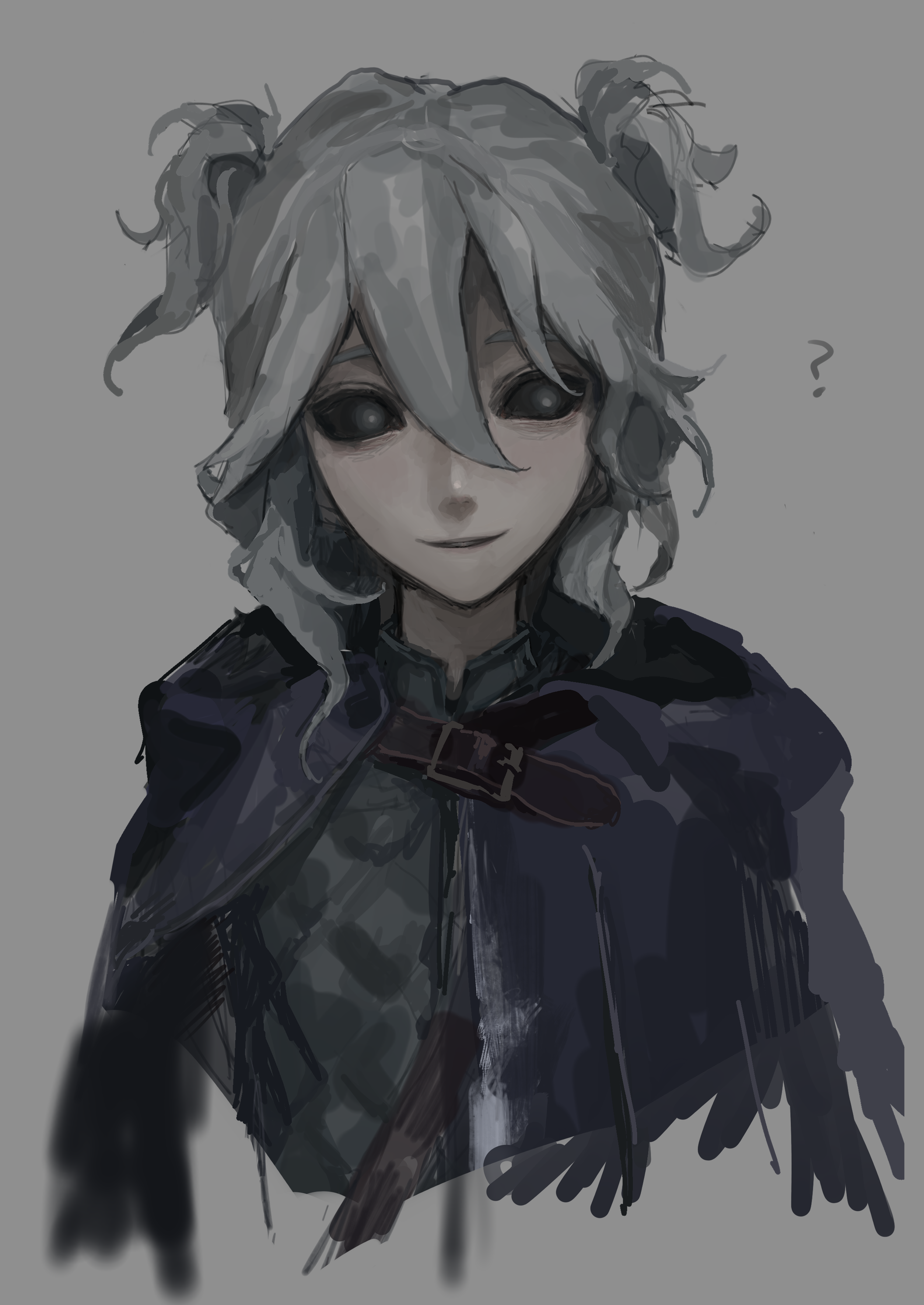 jiz (pffbq), ithaqua (identity v), identity v, absurdres, highres, 1boy, ?, androgynous, black sclera, blue cloak, bright pupils, cloak, colored sclera, grey background, grey hair, hair between eyes, looking to the side, male focus, portrait, raised eyebrows, short twintails, smile, twintails, wavy hair, white pupils