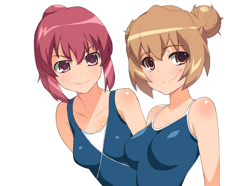 a1 (initial-g), aisaka taiga, kushieda minori, toradora!, 00s, 2girls, brown eyes, brown hair, competition school swimsuit, competition swimsuit, multiple girls, one-piece swimsuit, pink eyes, red hair, school swimsuit, sweat, swimsuit
