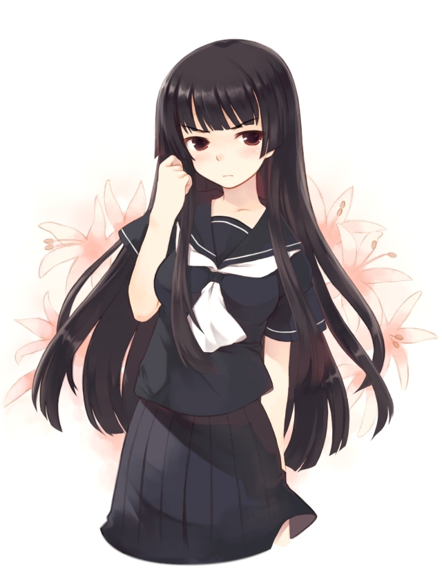 kurasuke, original, 1girl, black hair, black serafuku, blunt bangs, brown eyes, female focus, floral background, frown, hand in own hair, hime cut, long hair, school uniform, serafuku, skirt, solo, standing