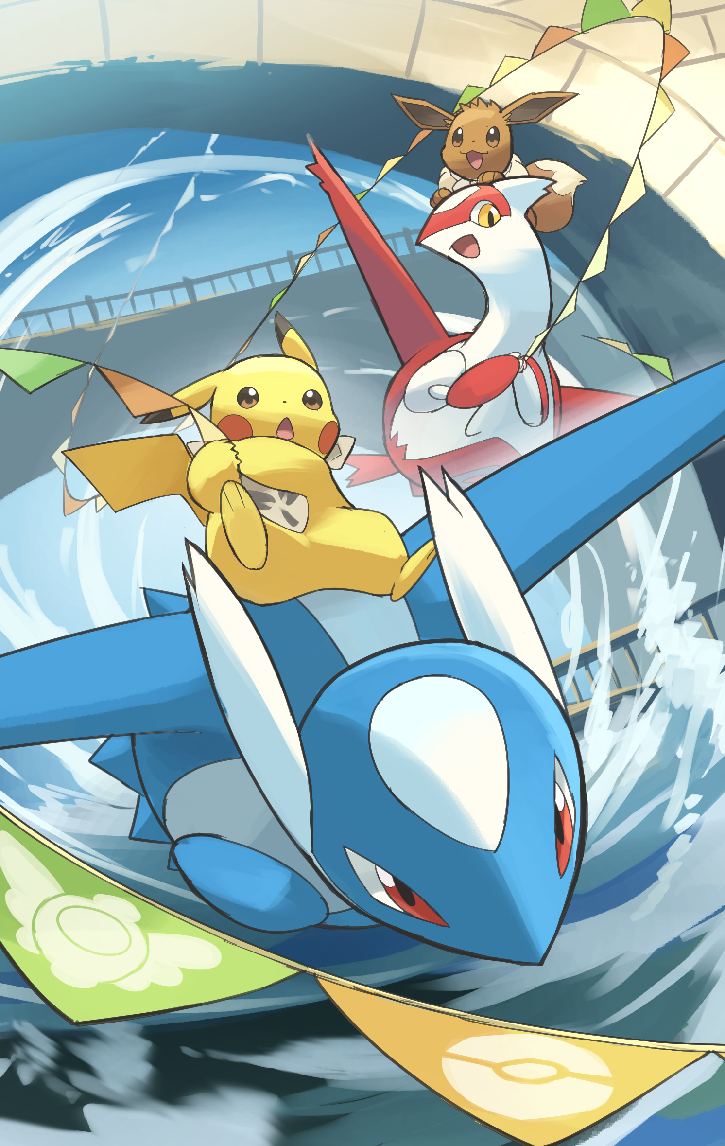 yamaori (hakkentai pokedan), eevee, latias, latios, pikachu, nintendo, pokemon, highres, blue fur, blue sky, bridge, brown eyes, brown fur, day, flying, gen 1 pokemon, gen 3 pokemon, legendary pokemon, no humans, open mouth, outdoors, poke ball print, pokemon (creature), red eyes, red fur, sky, two-tone fur, yellow fur