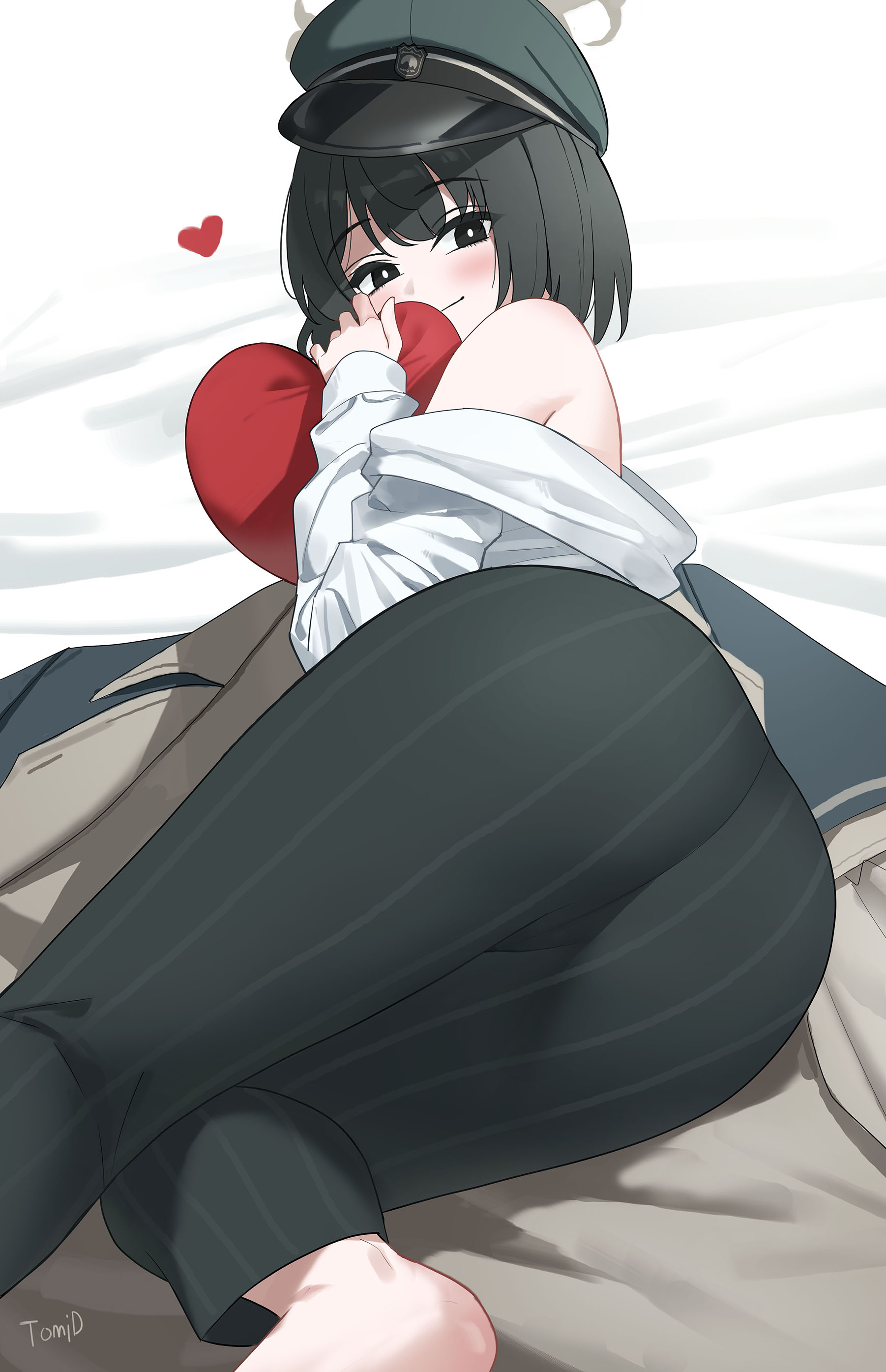 tomid, hiromi (blue archive), blue archive, absurdres, highres, 1girl, ass, black eyes, brown halo, green hat, halo, hat, heart, heart-shaped pillow, pants, peaked cap, pillow, shirt, solo, striped clothes, striped pants, vertical-striped clothes, vertical-striped pants, white shirt