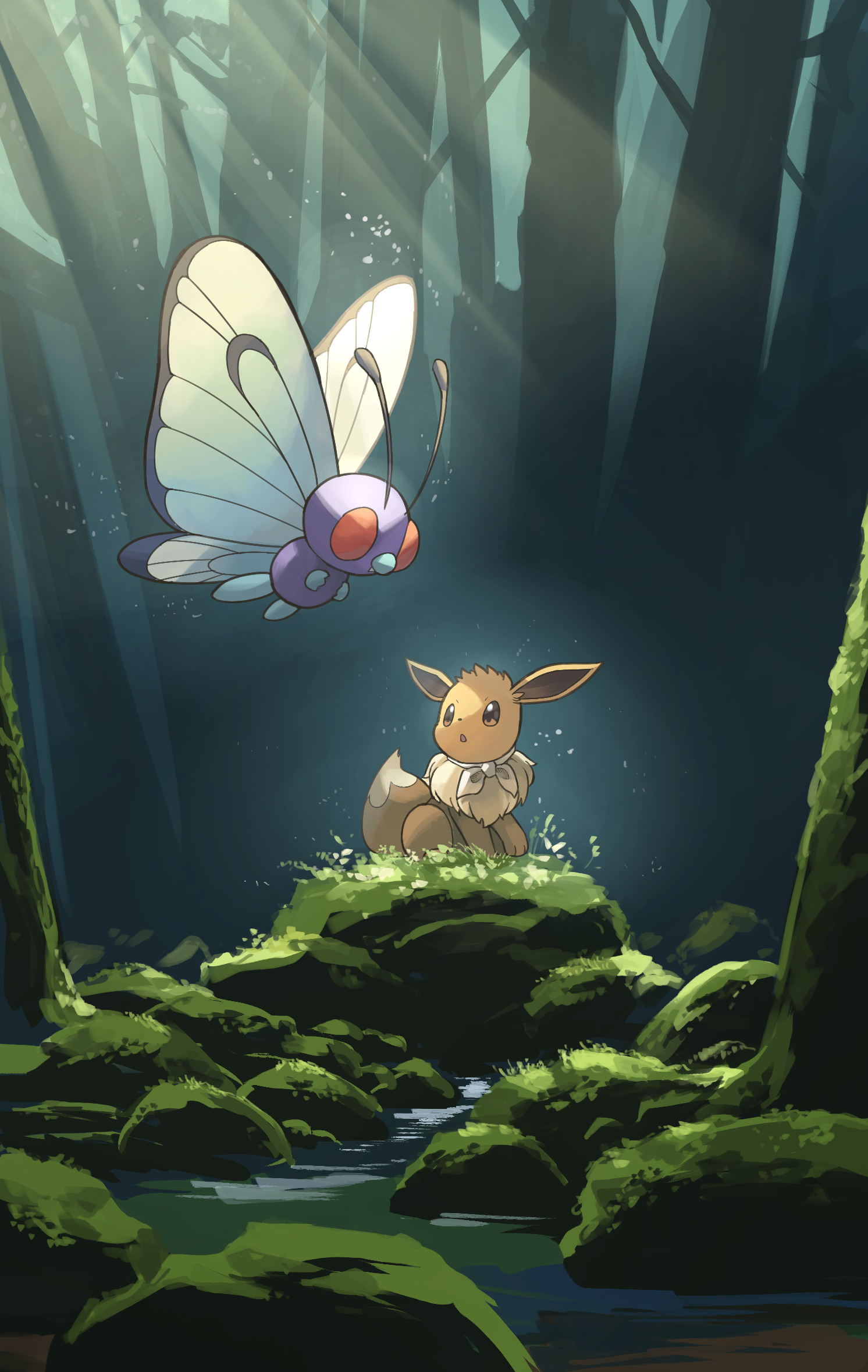 yamaori (hakkentai pokedan), butterfree, eevee, nintendo, pokemon, highres, antennae, brown eyes, brown fur, butterfly wings, forest, gen 1 pokemon, insect wings, moss, nature, no humans, outdoors, pokemon (creature), rock, stream, tree, wings