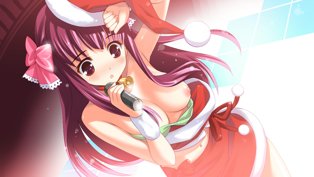 amano yuu, amane (dream c club), dream c club, dream c club (series), 1girl, bell, blush, bow, breasts, christmas, collar, female focus, hair bow, hat, long hair, microphone, navel, neck bell, nipple slip, nipples, purple hair, red eyes, santa costume, santa hat, solo, wardrobe malfunction