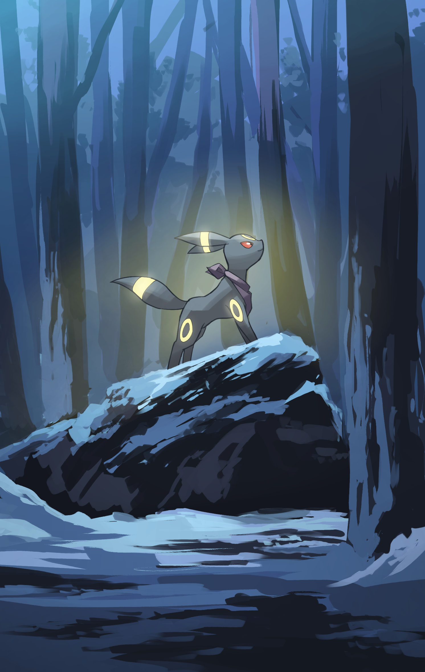 yamaori (hakkentai pokedan), umbreon, nintendo, pokemon, highres, black fur, from side, gen 2 pokemon, night, no humans, outdoors, pokemon (creature), red eyes, rock, solo, tail, tree, two-tone fur, yellow fur