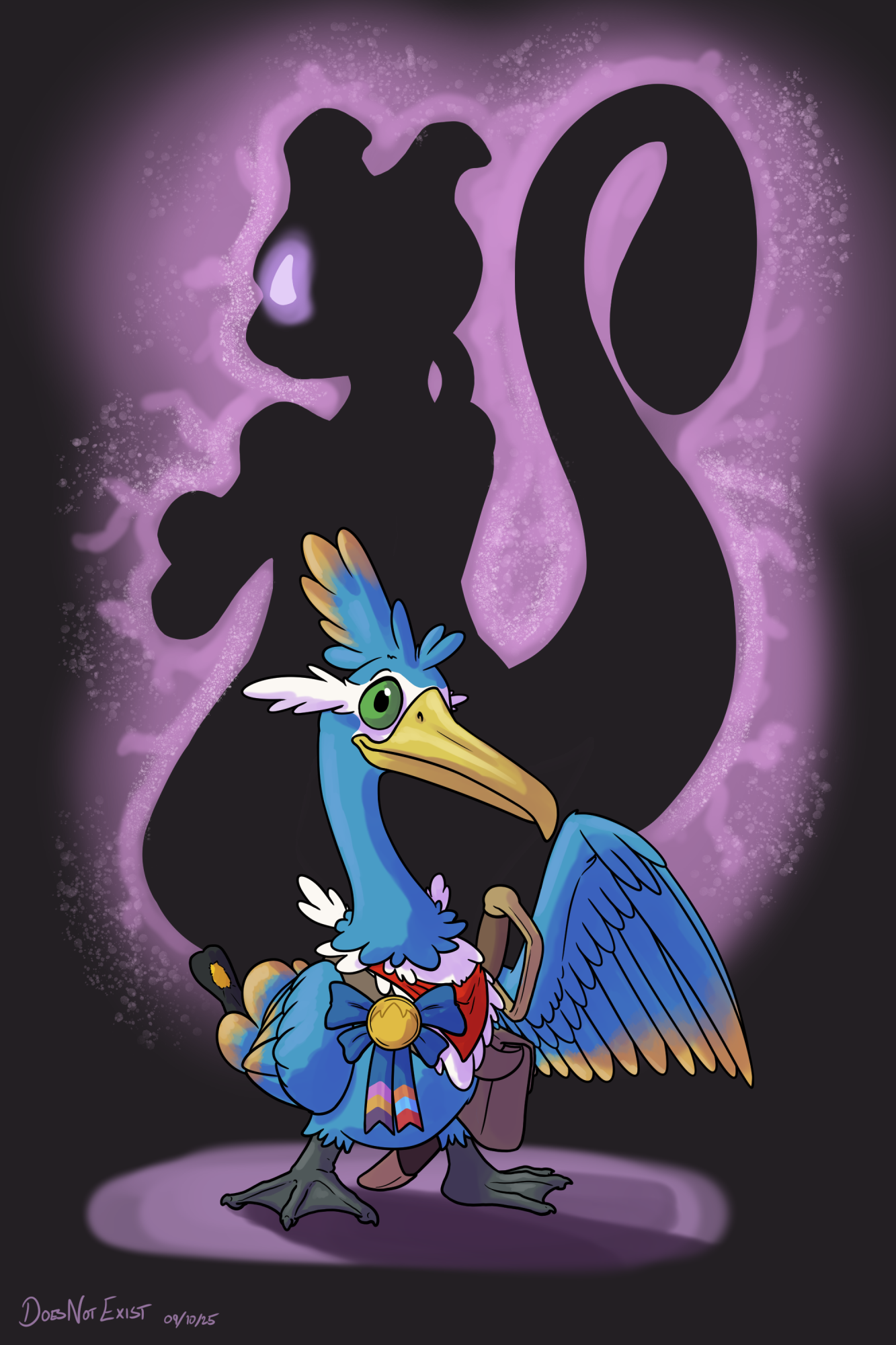 cramorant, mewtwo, nintendo, pokemon, pokemon mystery dungeon, highres, bag, beak, bird, blue feathers, doesnotexist, feathers, gen 1 pokemon, gen 8 pokemon, green eyes, legendary pokemon, pokemon (creature), scarf, signature, silhouette