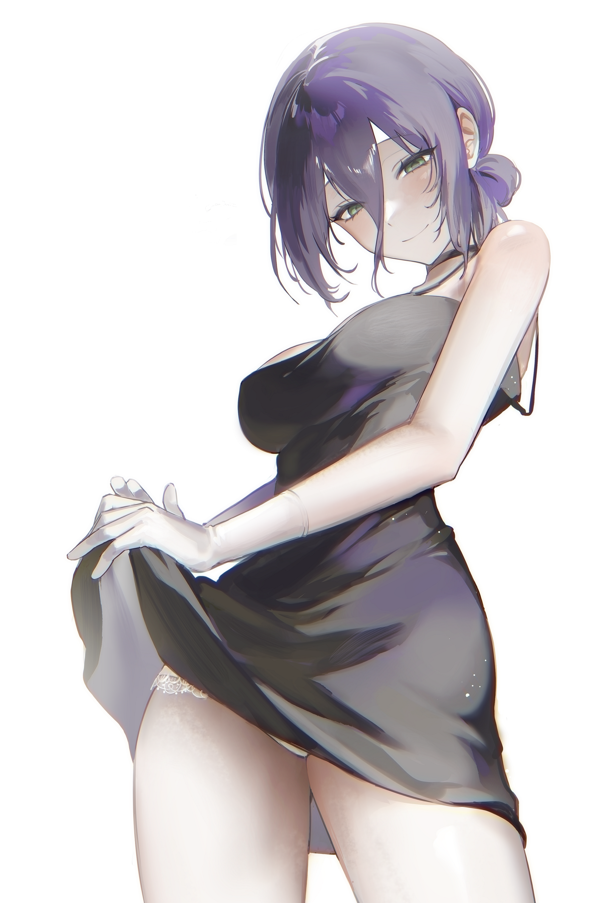 zuzu (wckd7545), reze (chainsaw man), chainsaw man, absurdres, highres, 1girl, black choker, black dress, black hair, choker, clothes lift, dress, dress lift, gloves, green eyes, hair between eyes, hair bun, lifting own clothes, long hair between eyes, panties, purple hair, simple background, sleeveless, sleeveless dress, solo, underwear, white background, white gloves, white panties