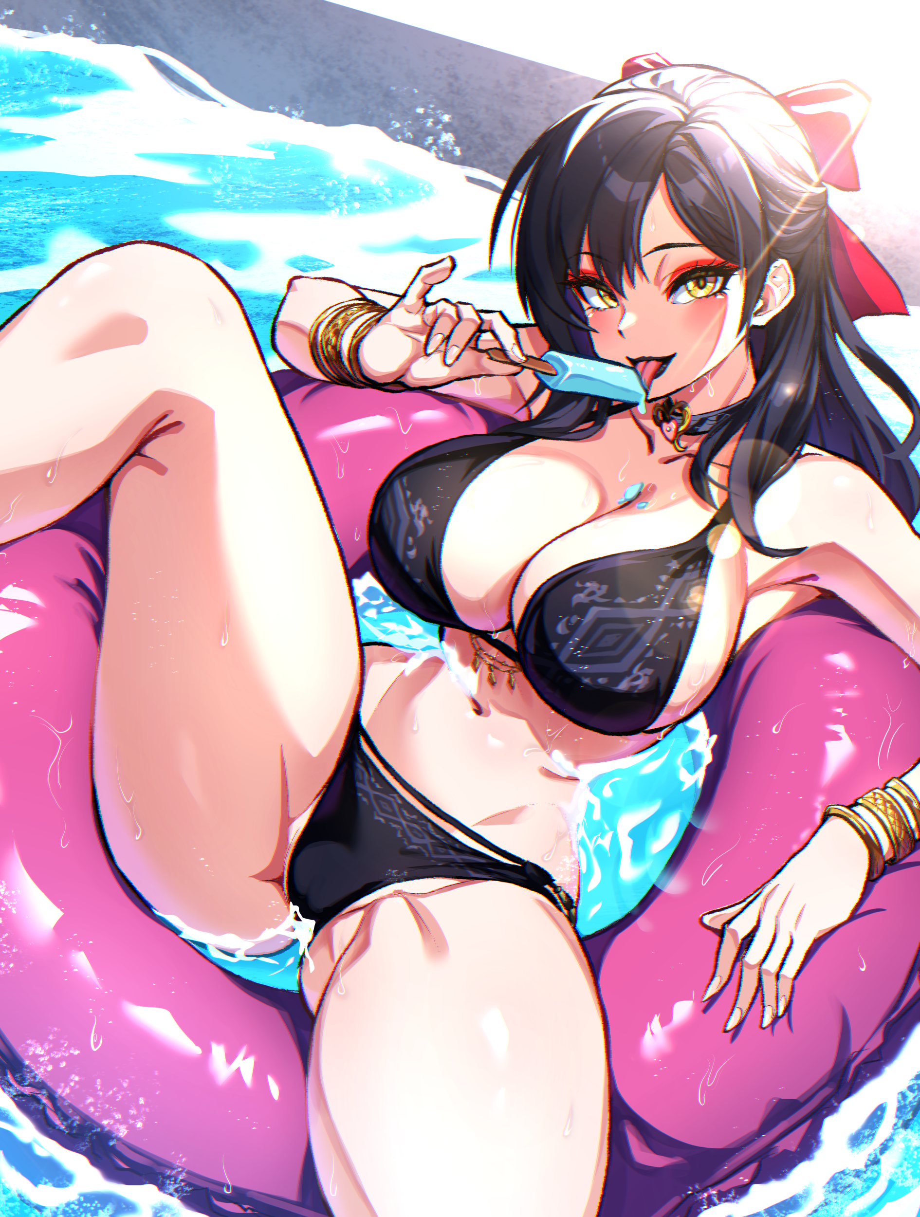 samael (5211), warrior of light (ff14), final fantasy, final fantasy xiv, absurdres, commission, highres, skeb commission, 1girl, armpits, bikini, black bikini, black hair, bracelet, breasts, cleavage, eyebrows hidden by hair, food, food on body, food on breasts, groin, hair between eyes, hair ribbon, holding, holding food, holding popsicle, jewelry, large breasts, lipstick, long hair, looking at viewer, makeup, navel, ocean, on innertube, open mouth, popsicle, red ribbon, ribbon, sitting, smile, solo, spread legs, stomach, swimsuit, yellow eyes