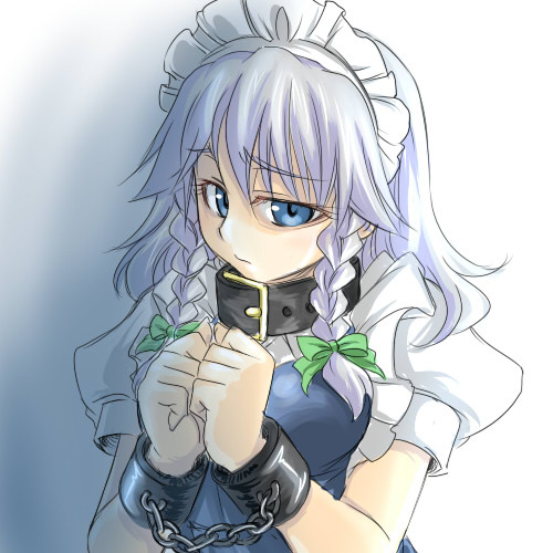 tajima yuuki, izayoi sakuya, touhou, silver hair, lowres, 1girl, bdsm, blue eyes, bondage, bound, braid, collar, cuffs, female focus, hairband, handcuffs, ribbon, short hair, solo, twin braids